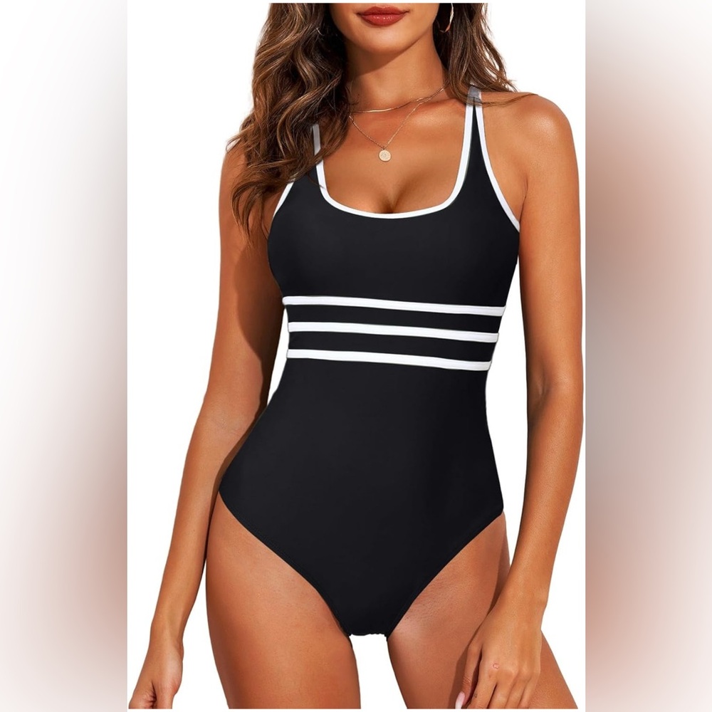 Women's Black Swimsuit accented with white stripes. Sz S * Brand New *